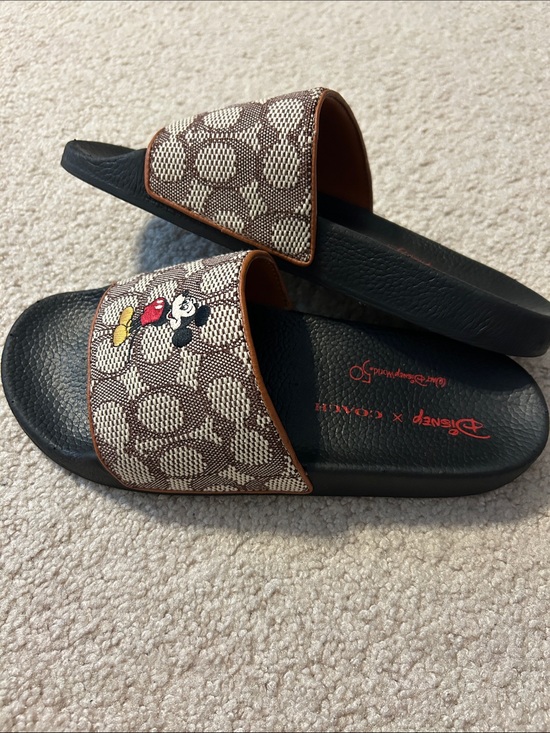 Coach Shoes - Coach Brown Signature Mickey Slide Sandals with Black Footbed